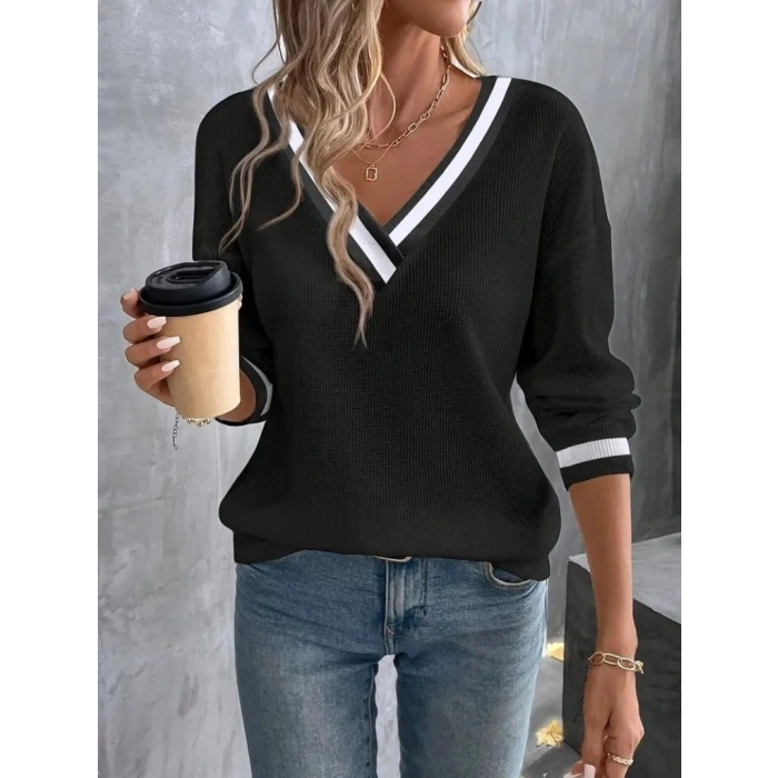 MARSiLYAN- Kadın Uzun Kollu V Yakalı Waffle Bluz