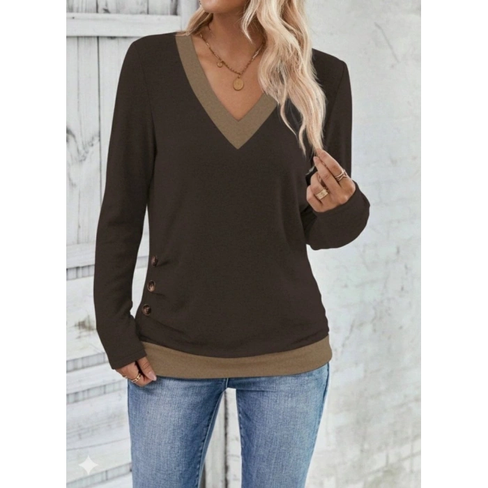 MARSiLYAN- Kadın Uzun Kollu V Yakalı Yandan Düğmeli Yün Viskon Bluz
