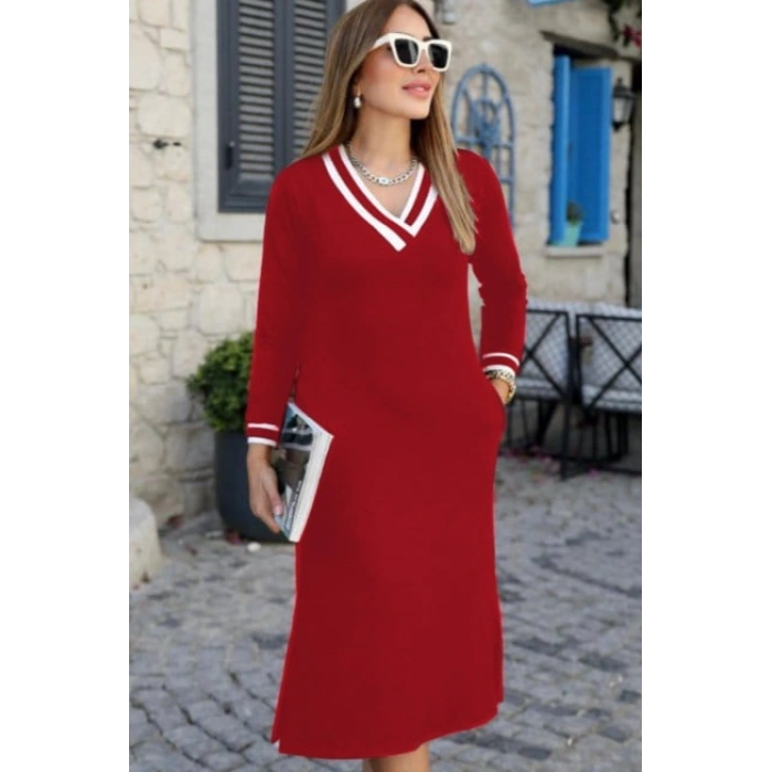 MARSiLYAN- Kadın Uzun Kollu V Yakalı Yandan Yırtmaçlı Iki Iplik Midi Elbise