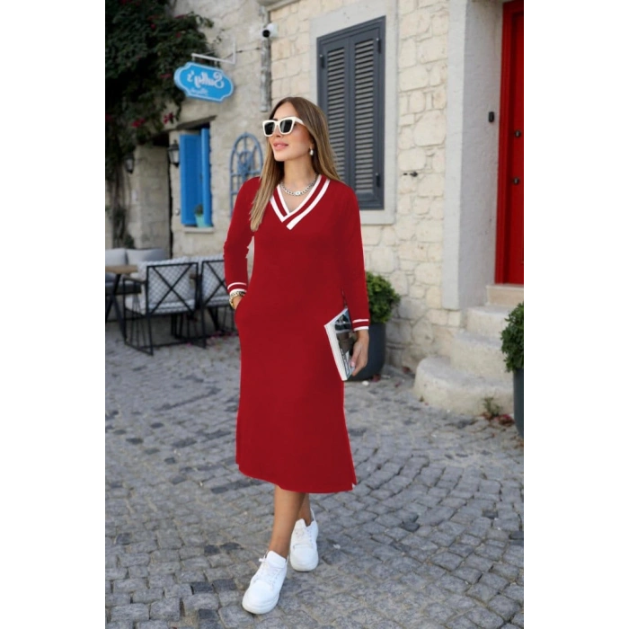 MARSiLYAN- Kadın Uzun Kollu V Yakalı Yandan Yırtmaçlı Iki Iplik Midi Elbise