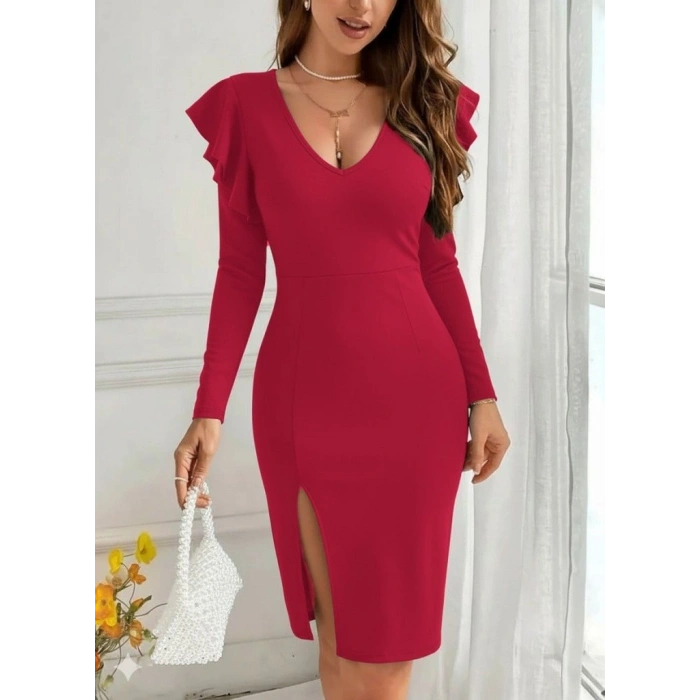 MARSiLYAN- Kadın Uzun Kollu V Yakalı Yandan Yırtmaçlı Midi Ithal Krep Elbise