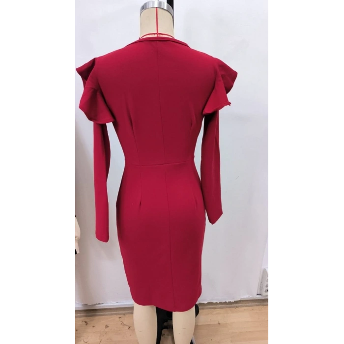 MARSiLYAN- Kadın Uzun Kollu V Yakalı Yandan Yırtmaçlı Midi Ithal Krep Elbise