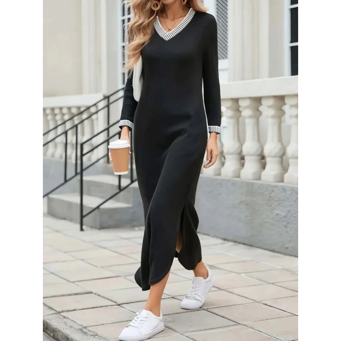 MARSiLYAN- Kadın Uzun Kollu V Yakalı Yanlardan Yırtmaçlı Uzun Viskon Iki Iplik Elbise