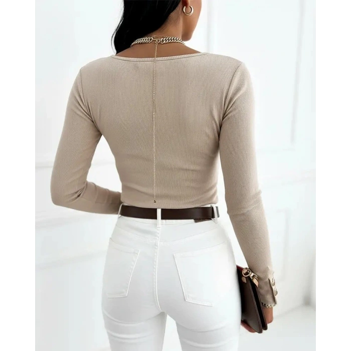 MARSiLYAN- Kadın Uzun Kollu Yakadan Açık Ve Düğme Detaylı Kaşkorse Bluz