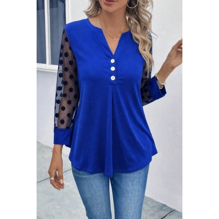 MARSiLYAN- Kadın Uzun Kollu Yakadan Düğmeli Kolları Tül Detaylı Viskon Bluz