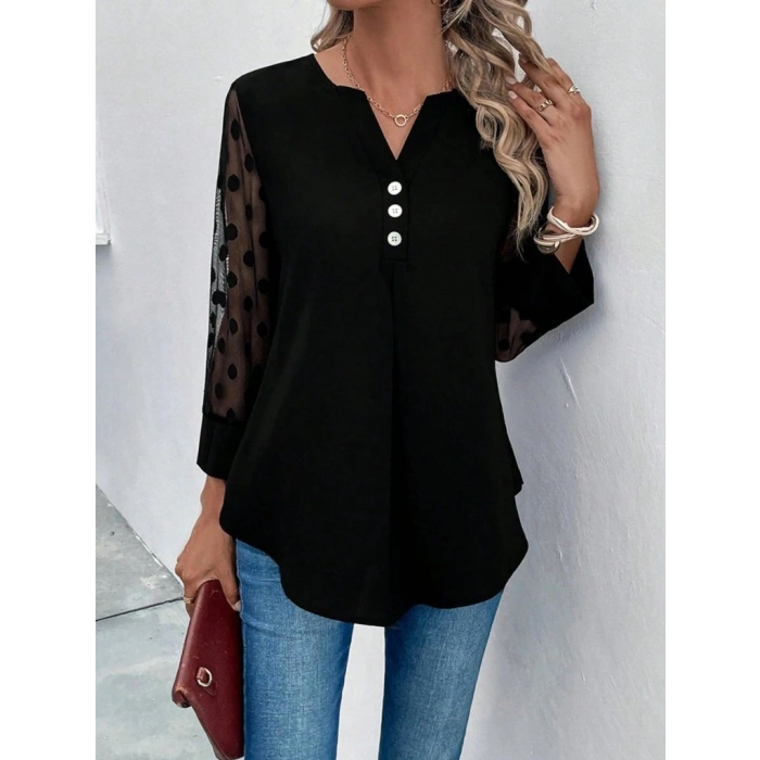 MARSiLYAN- Kadın Uzun Kollu Yakadan Düğmeli Kolları Tül Detaylı Viskon Bluz