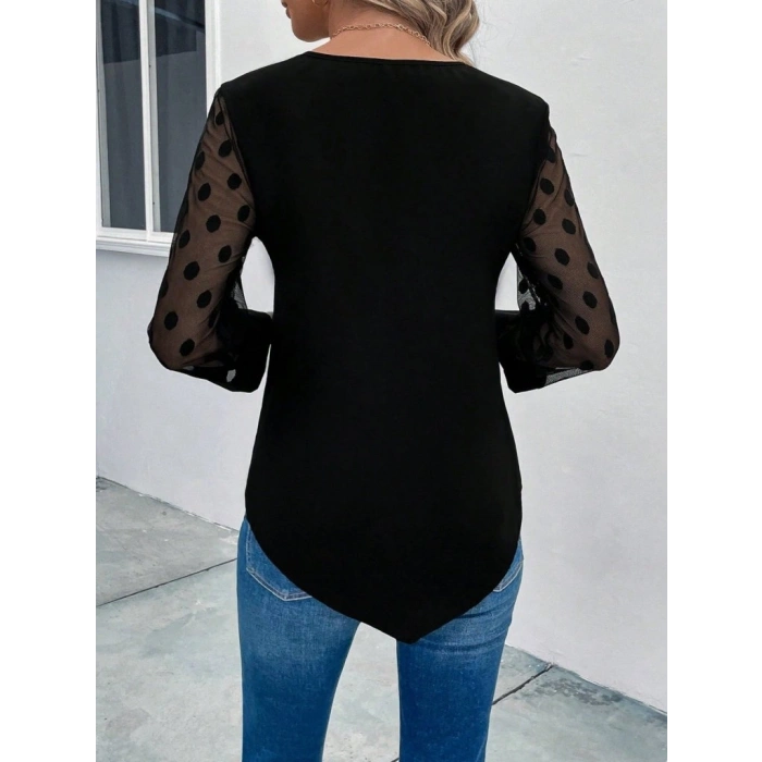 MARSiLYAN- Kadın Uzun Kollu Yakadan Düğmeli Kolları Tül Detaylı Viskon Bluz