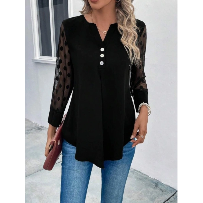 MARSiLYAN- Kadın Uzun Kollu Yakadan Düğmeli Kolları Tül Detaylı Viskon Bluz