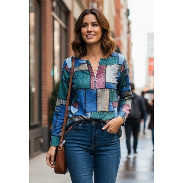 MARSiLYAN- Kadın Uzun Kollu Yakadan Fermuarlı Kot Görünüm Desenli Uzun Modal Bluz