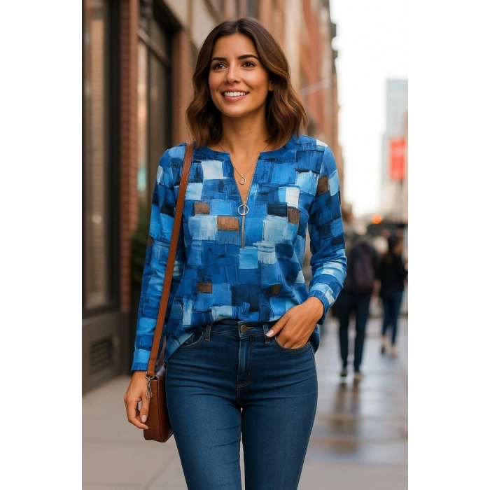 MARSiLYAN- Kadın Uzun Kollu Yakadan Fermuarlı Kot Görünüm Desenli Uzun Modal Bluz