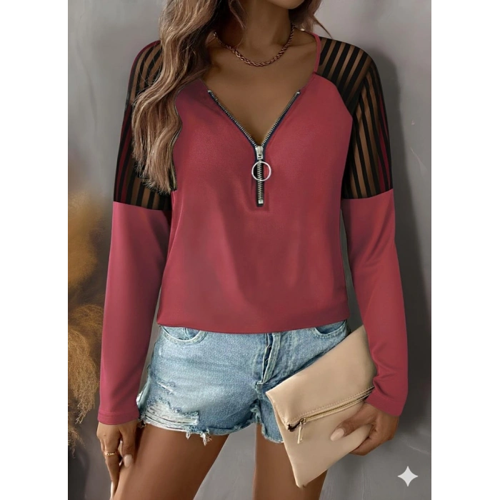 MARSiLYAN- Kadın Uzun Kollu Yakadan Fermuarlı Viskon Bluz