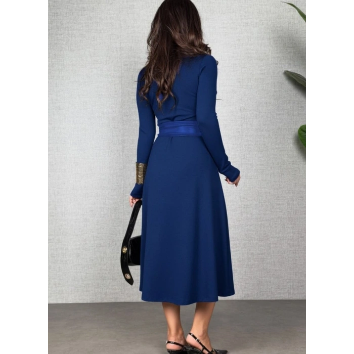 MARSiLYAN- Kadın Uzun Kollu Yakalı Belden Deri Detaylı Kuşaklı Yırtmaçlı Midi Viskon Iki Iplik Elbise