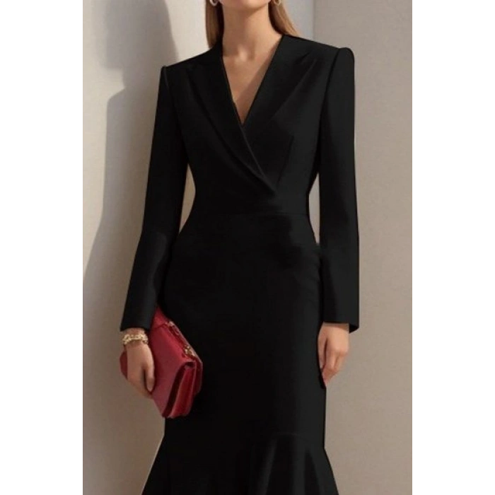 MARSiLYAN- Kadın Uzun Kollu Yakalı Belden Oturtmalı Midi Ithal Krep Elbise