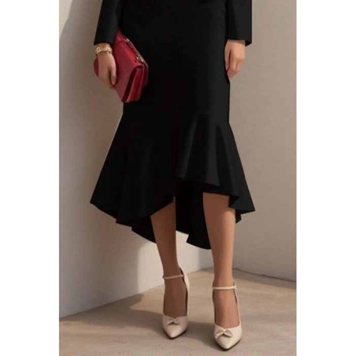 MARSiLYAN- Kadın Uzun Kollu Yakalı Belden Oturtmalı Midi Ithal Krep Elbise