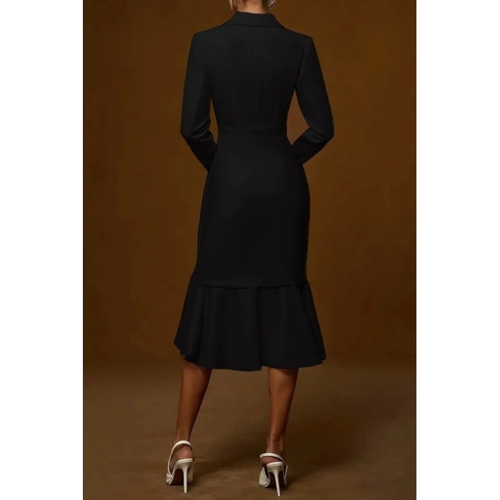 MARSiLYAN- Kadın Uzun Kollu Yakalı Belden Oturtmalı Midi Ithal Krep Elbise