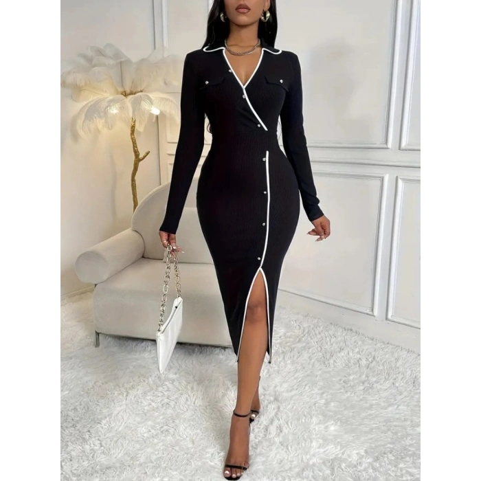 MARSiLYAN- Kadın Uzun Kollu Yakalı Cepli Düğmeli Yırtmaç Detaylı Modal Uzun Elbise