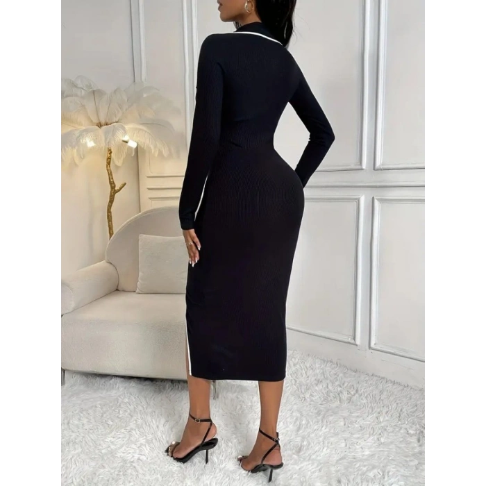 MARSiLYAN- Kadın Uzun Kollu Yakalı Cepli Düğmeli Yırtmaç Detaylı Modal Uzun Elbise