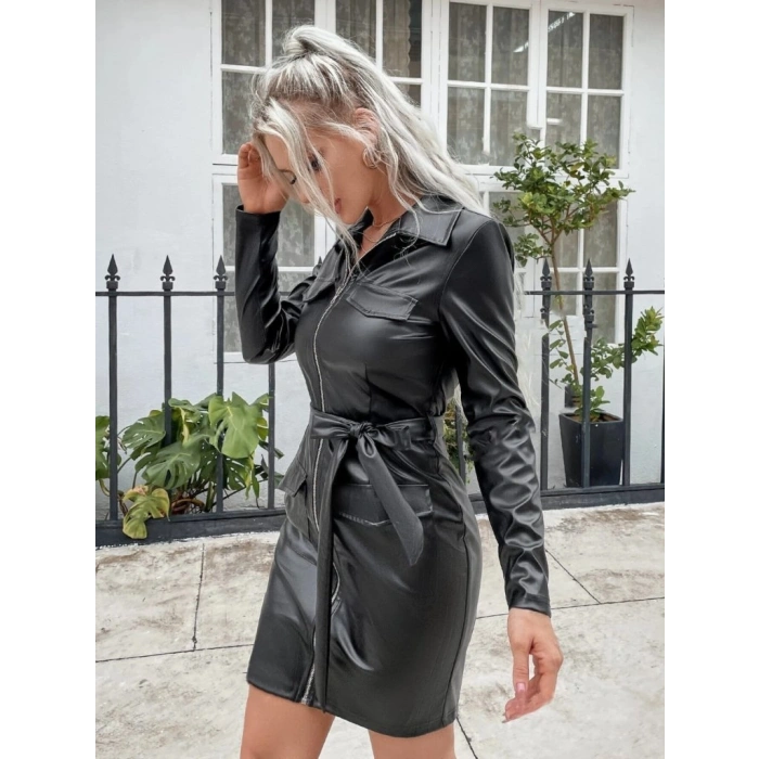 MARSiLYAN- Kadın Uzun Kollu Yakalı Cepli önü Fermuarlı Mini Deri Elbise