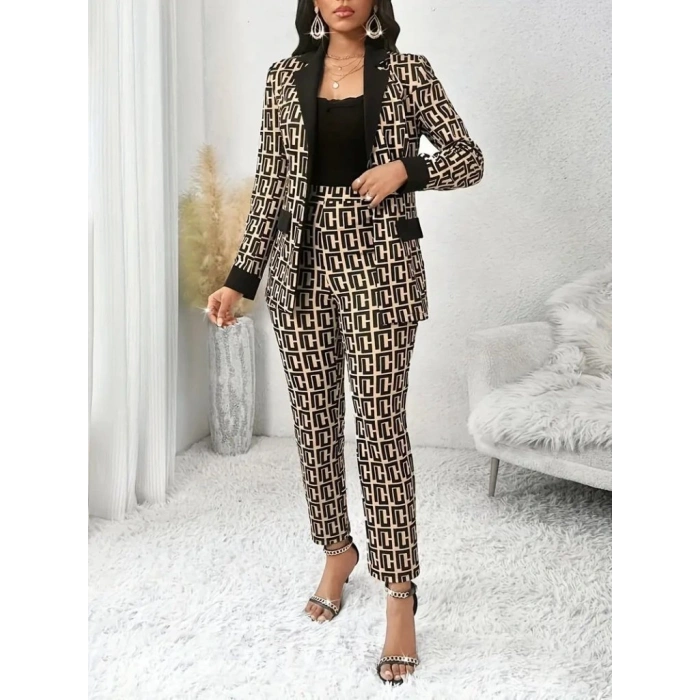 MARSiLYAN- Kadın Uzun Kollu Yakalı Desenli Dalgıç Ceket Bluz Ve Pantolon üçlü Takım