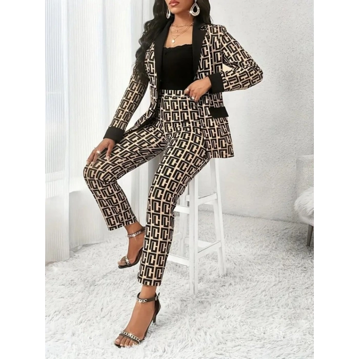 MARSiLYAN- Kadın Uzun Kollu Yakalı Desenli Dalgıç Ceket Bluz Ve Pantolon üçlü Takım