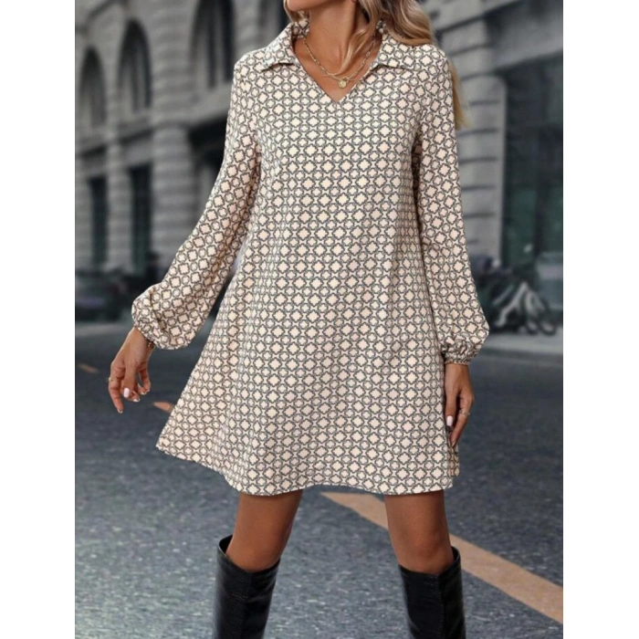 MARSiLYAN- Kadın Uzun Kollu Yakalı Desenli Mini Modal Elbise