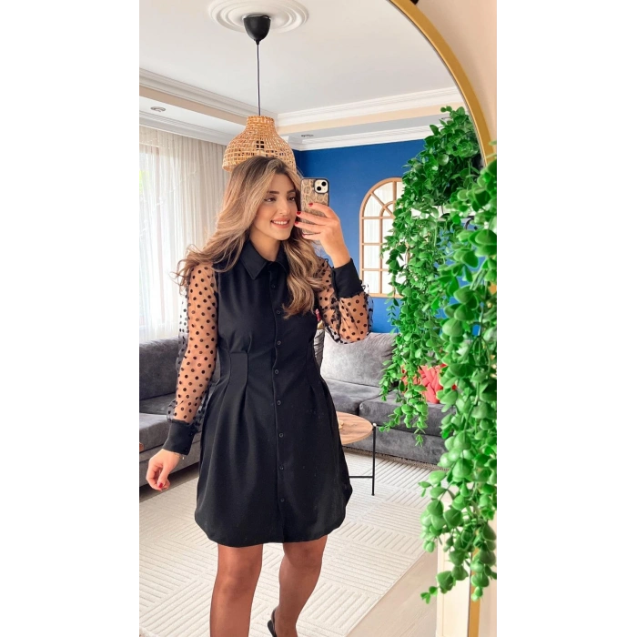 MARSiLYAN- Kadın Uzun Kollu Yakalı Düğmeli Mini Ithal Krep Elbise