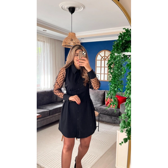 MARSiLYAN- Kadın Uzun Kollu Yakalı Düğmeli Mini Ithal Krep Elbise