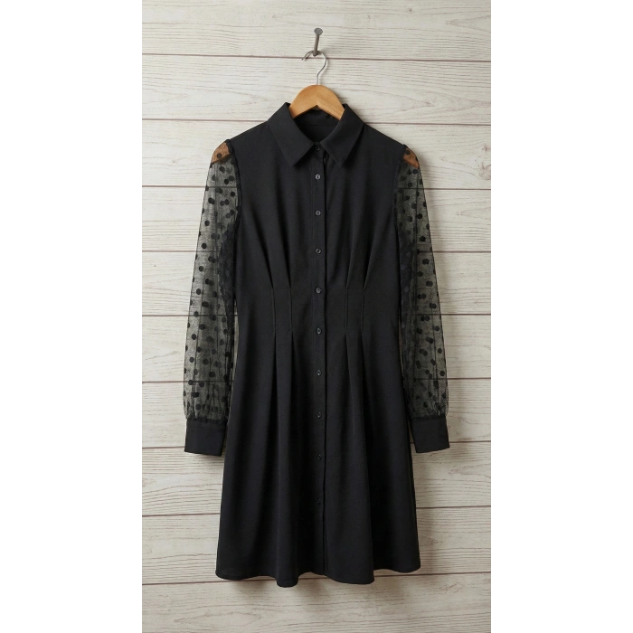 MARSiLYAN- Kadın Uzun Kollu Yakalı Düğmeli Mini Ithal Krep Elbise