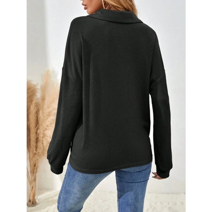 MARSiLYAN- Kadın Uzun Kollu Yakalı Düğmeli Salaş Waffle Bluz