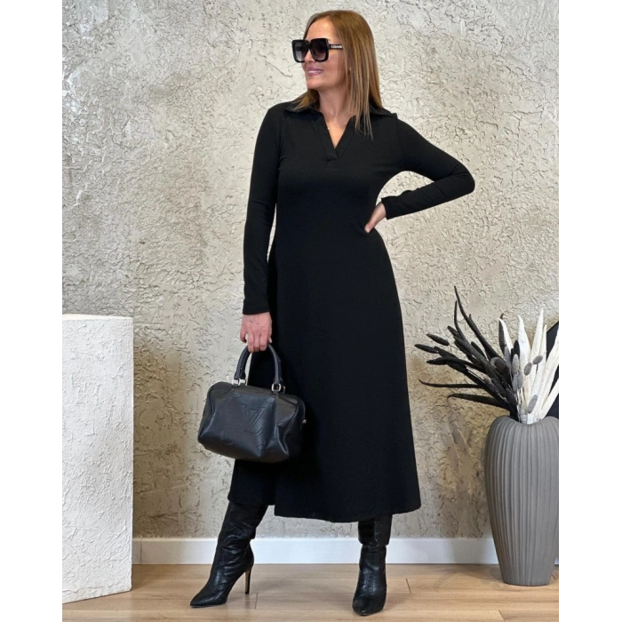 MARSiLYAN- Kadın Uzun Kollu Yakalı Midi Viskon Iki Iplik Elbise