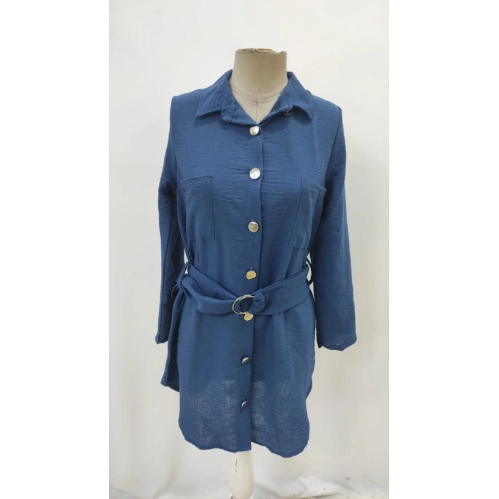 MARSiLYAN- Kadın Uzun Kollu Yakalı önden Düğmeli Beli Kuşaklı Mini Ithal Keten Elbise