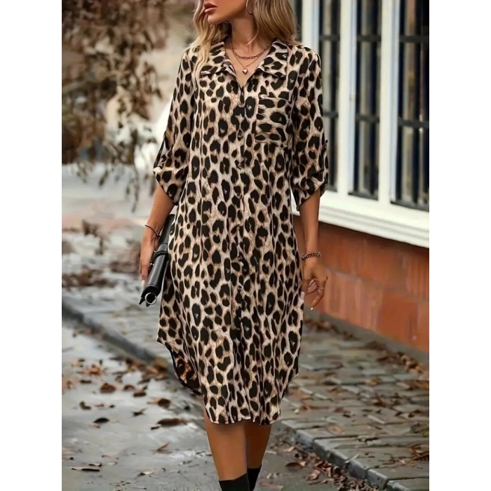 MARSiLYAN- Kadın Uzun Kollu Yakalı önden Düğmeli Leopar Desenli Modal Midi Elbise