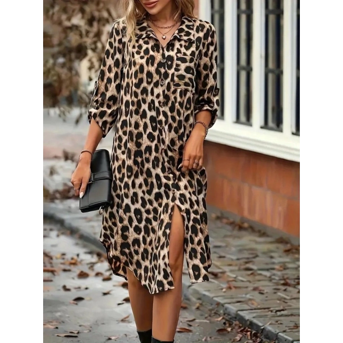 MARSiLYAN- Kadın Uzun Kollu Yakalı önden Düğmeli Leopar Desenli Modal Midi Elbise