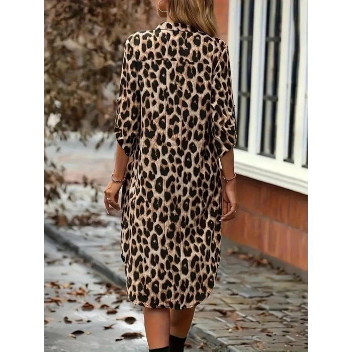 MARSiLYAN- Kadın Uzun Kollu Yakalı önden Düğmeli Leopar Desenli Modal Midi Elbise