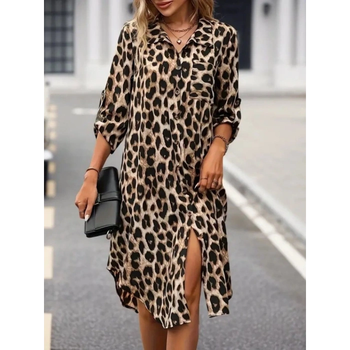 MARSiLYAN- Kadın Uzun Kollu Yakalı önden Düğmeli Leopar Desenli Modal Midi Elbise