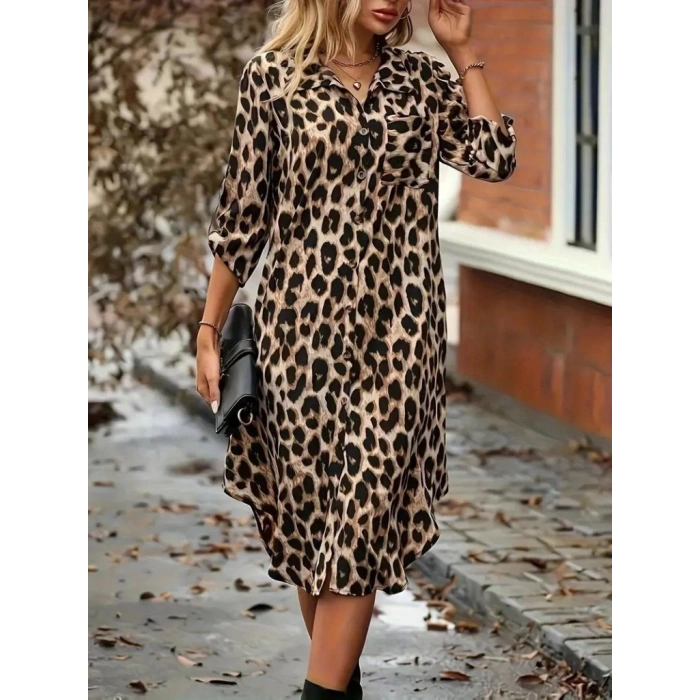 MARSiLYAN- Kadın Uzun Kollu Yakalı önden Düğmeli Leopar Desenli Modal Midi Elbise