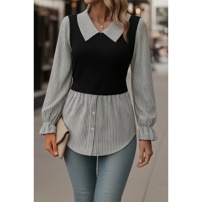 MARSiLYAN- Kadın Uzun Kollu Yakalı önden Düğmeli Ottoman Bluz