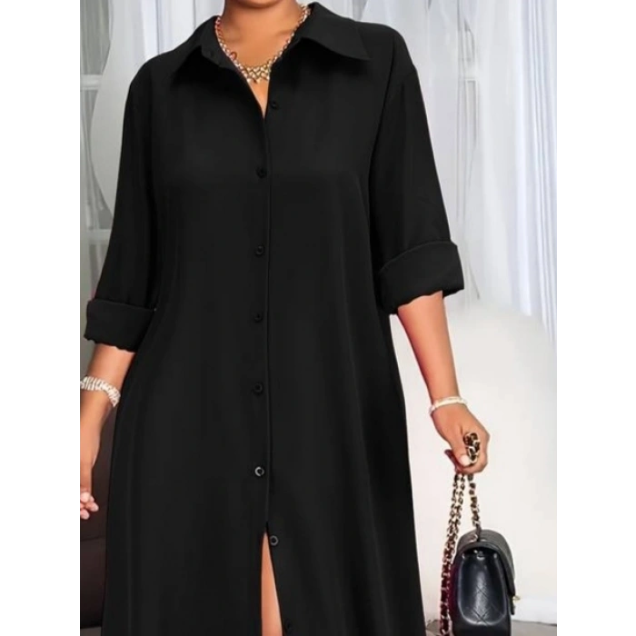 MARSiLYAN- Kadın Uzun Kollu Yakalı önden Düğmeli Uzun Dokuma Elbise