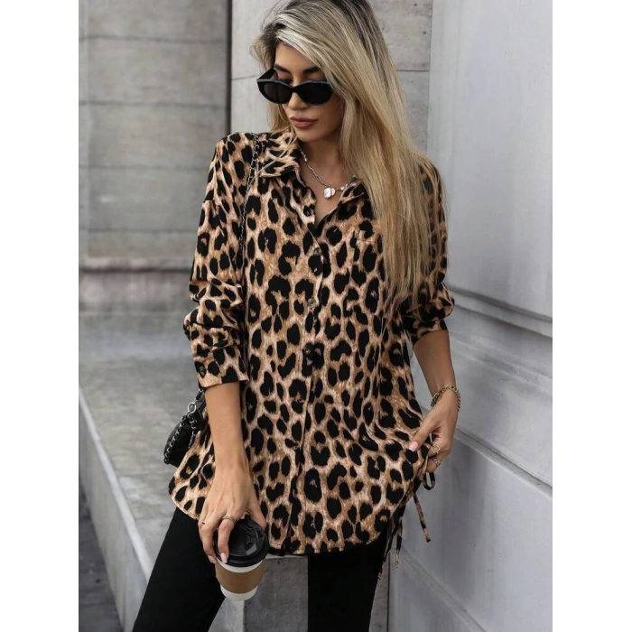 MARSiLYAN- Kadın Uzun Kollu Yakalı önden Düğmeli Yandan Bağcıklı Leopar Desenli Modal Bluz