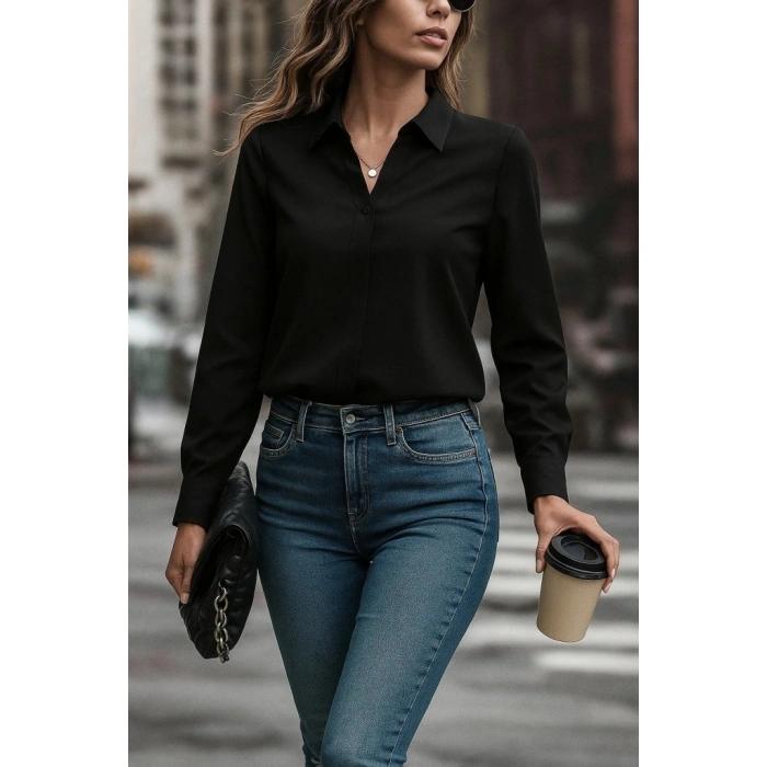 MARSiLYAN- Kadın Uzun Kollu Yakalı Trikoton Gömlek