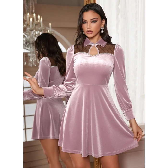 MARSiLYAN- Kadın Uzun Kollu Yakalı Tül Detaylı Incili Mini Kadife Elbise