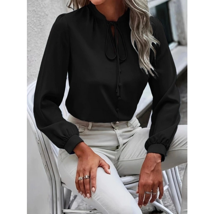 MARSiLYAN- Kadın Uzun Kollu Yakalı Yakadan Bağcıklı Düğmeli Sandy Bluz