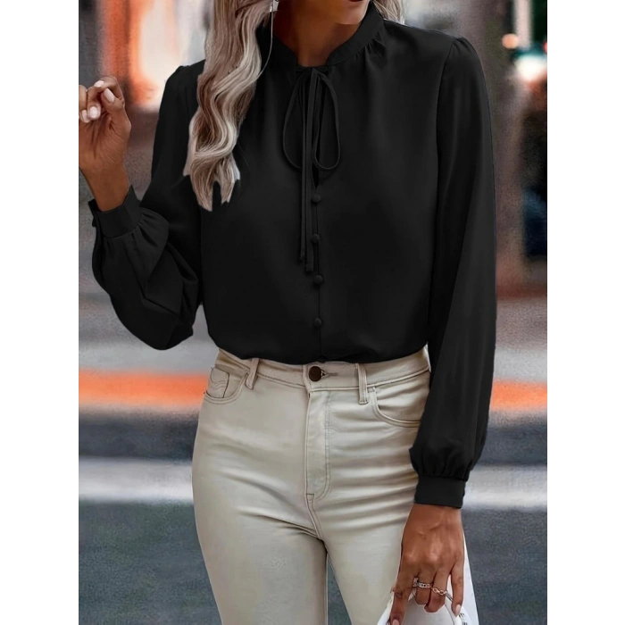 MARSiLYAN- Kadın Uzun Kollu Yakalı Yakadan Bağcıklı Düğmeli Sandy Bluz