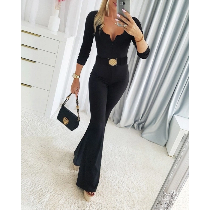 MARSiLYAN- Kadın Uzun Kollu Yakası Açık Kemerli Uzun Modal Tulum