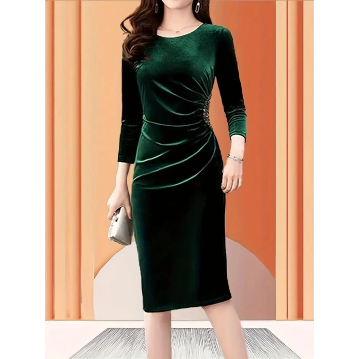 MARSiLYAN- Kadın Uzun Kollu Yakası Açık Yanlardan Büzgülü Taş Detaylı Midi Kadife Elbise