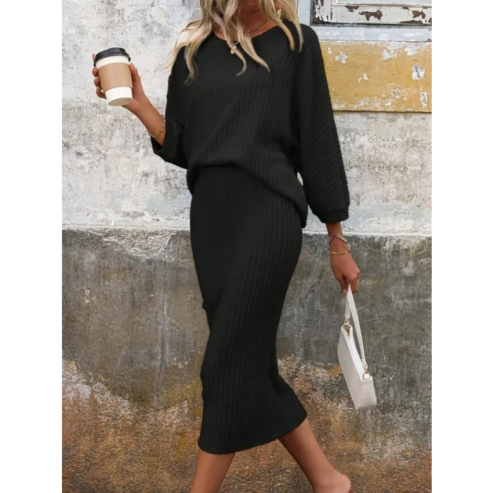 MARSiLYAN- Kadın Uzun Kollu Yakası Açık Yarasa Kollu şardonlu Kaşkorse Bluz Ve Etek Takım