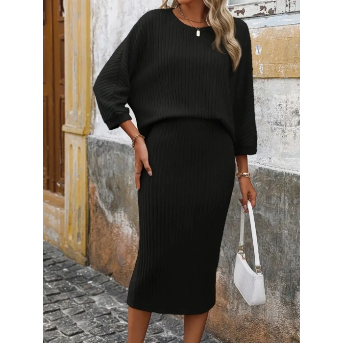 MARSiLYAN- Kadın Uzun Kollu Yakası Açık Yarasa Kollu şardonlu Kaşkorse Bluz Ve Etek Takım