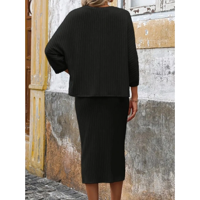 MARSiLYAN- Kadın Uzun Kollu Yakası Açık Yarasa Kollu şardonlu Kaşkorse Bluz Ve Etek Takım