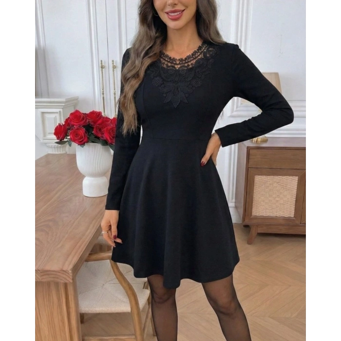 MARSiLYAN- Kadın Uzun Kollu Yakası Dantelli Mini Ithal Krep Elbise