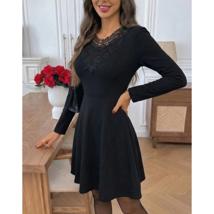 MARSiLYAN- Kadın Uzun Kollu Yakası Dantelli Mini Ithal Krep Elbise